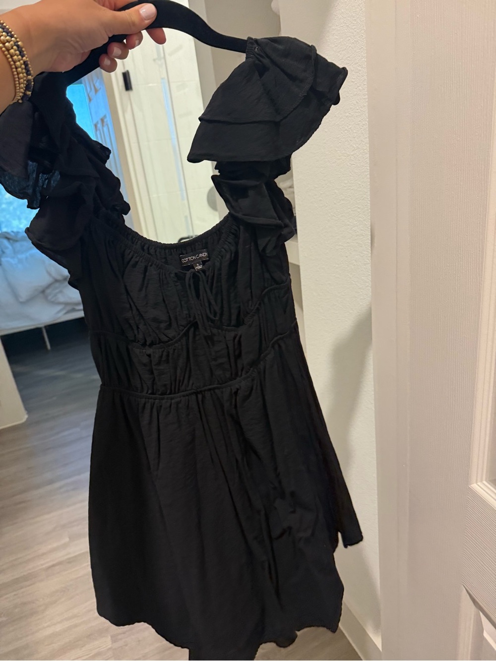 Cotton Candy Black Mini Dress with Ruffled Sleeves